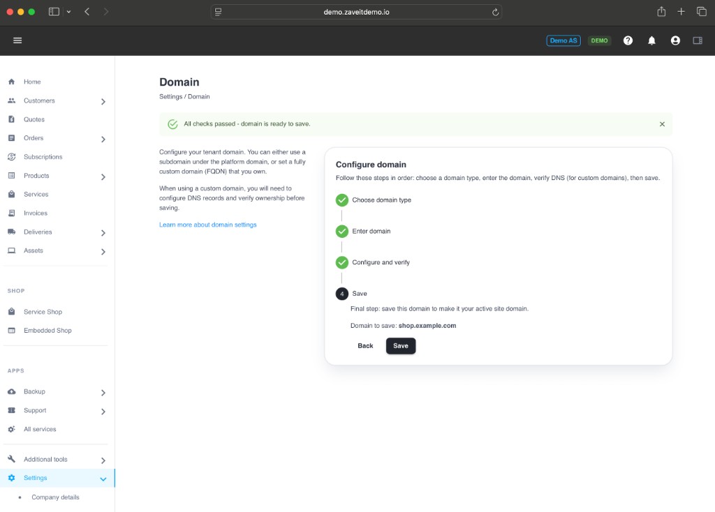 Configure domain, save as active domain