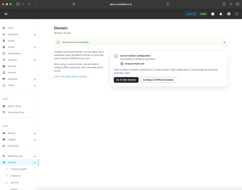 Domain saved, active custom domain