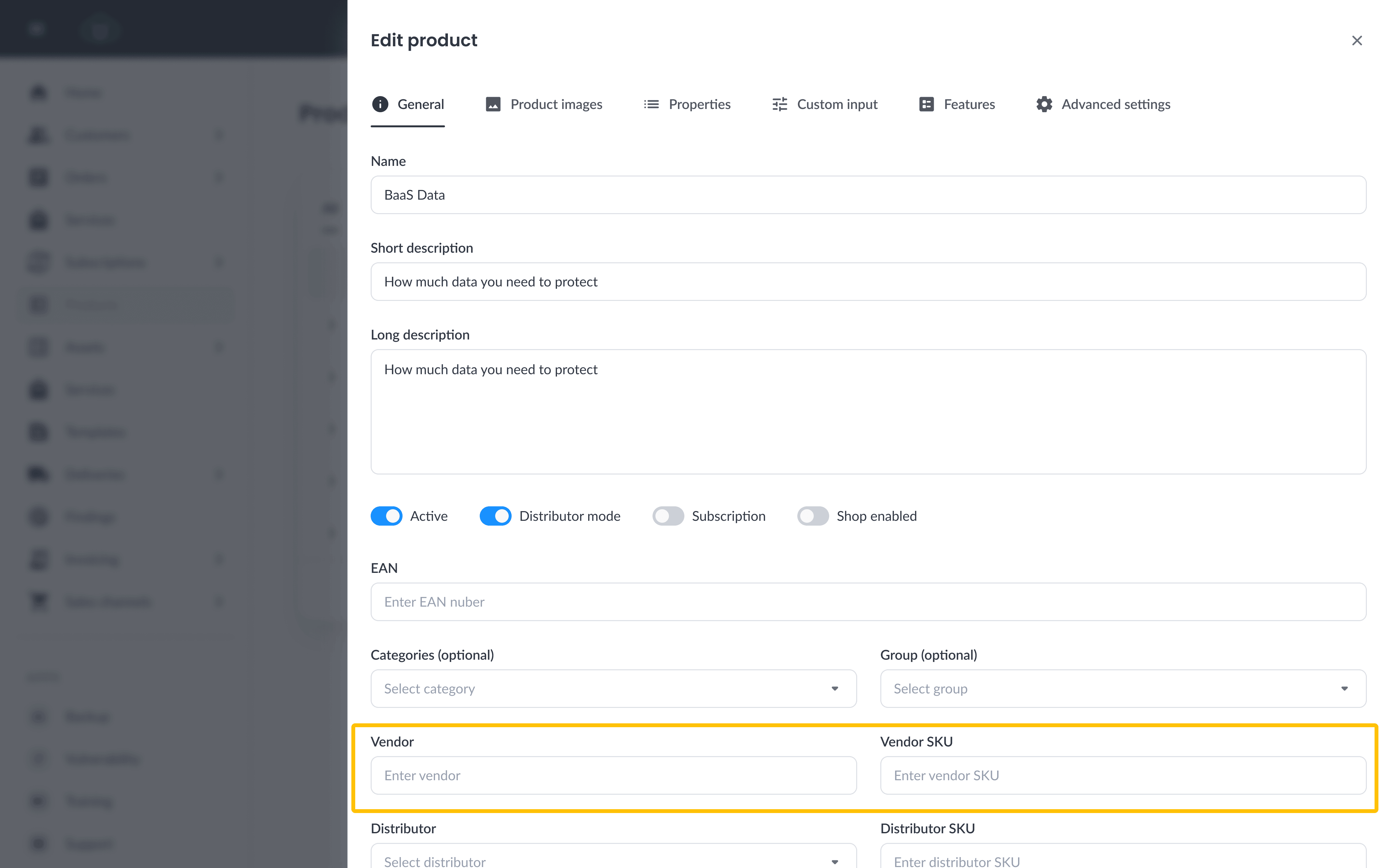Vendor and Vendor SKU on the Edit product modal