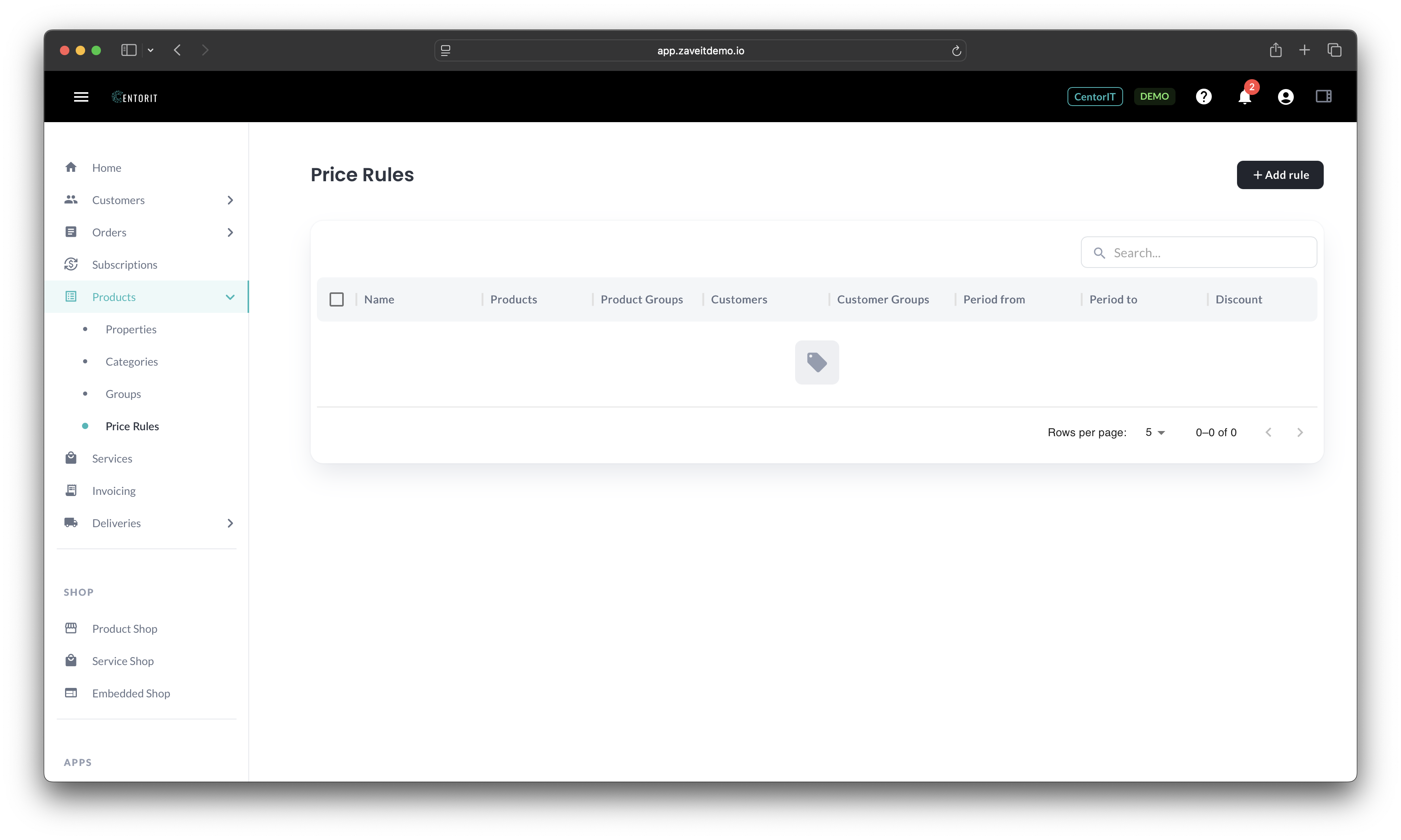 Price Rules list