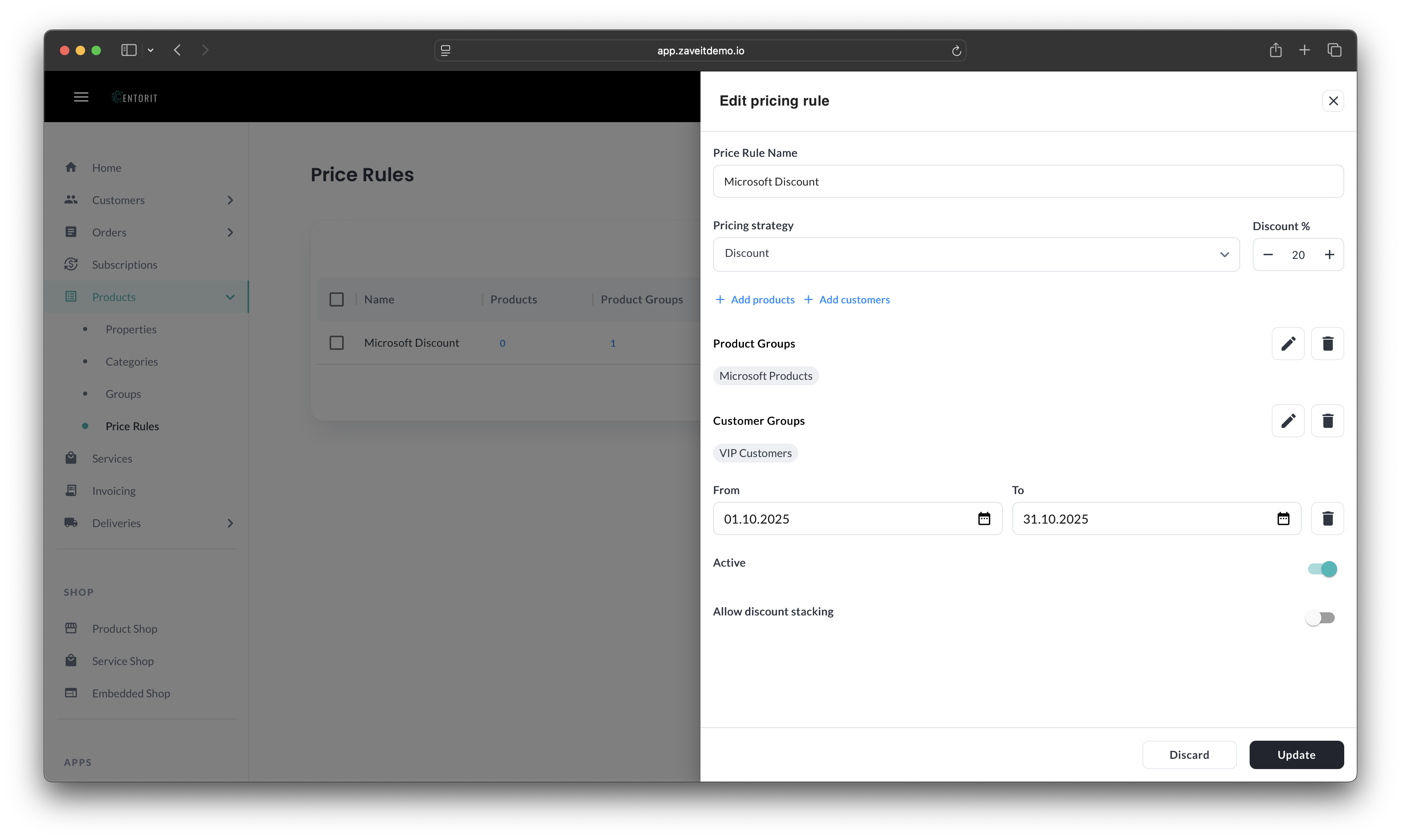 Edit pricing rule
