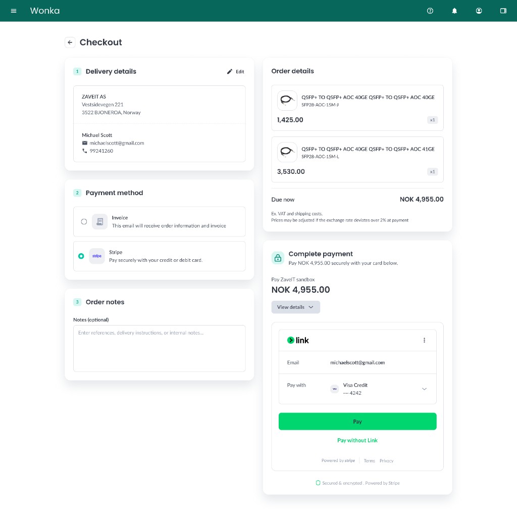 Stripe payment at webshop checkout