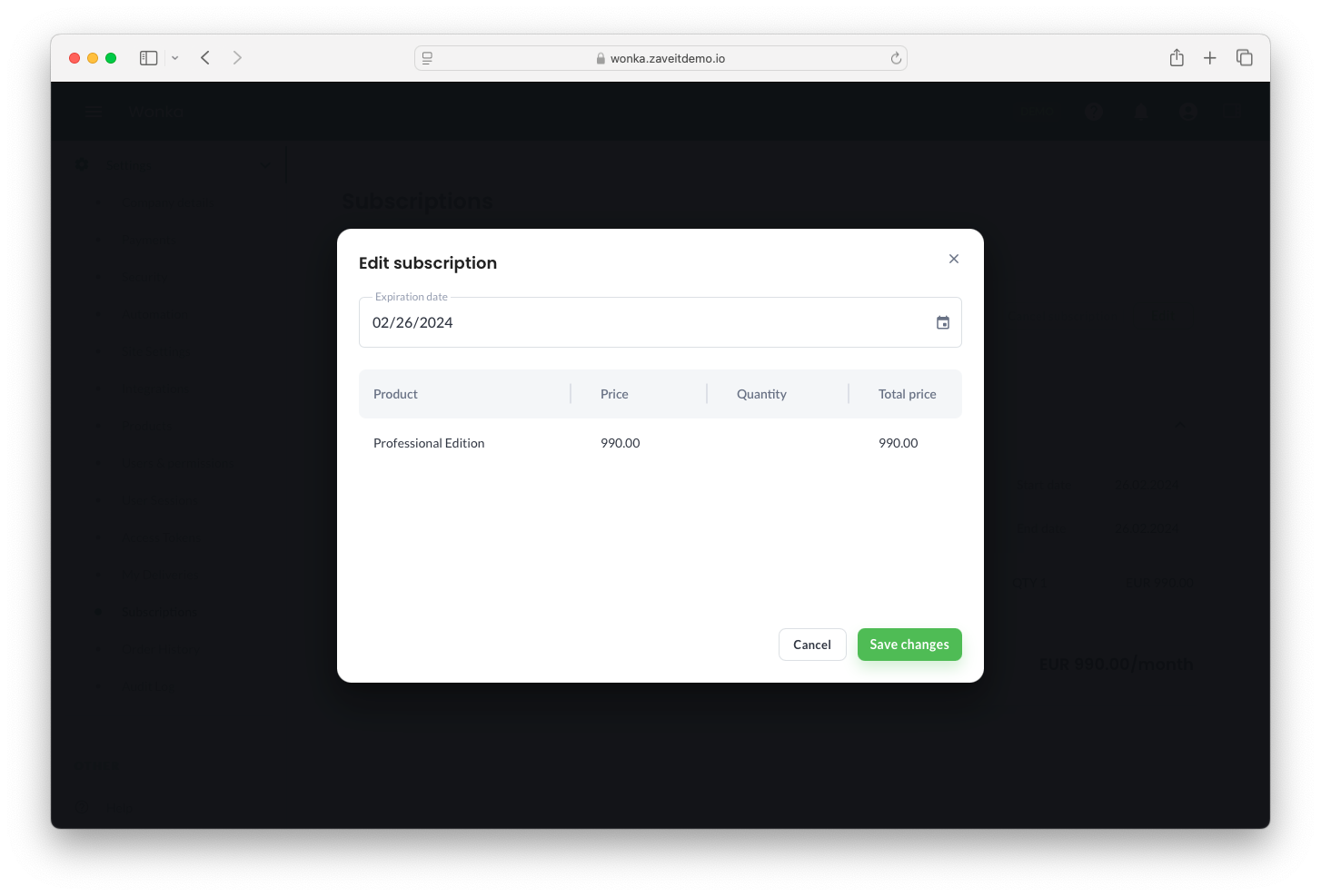 Edit Subscription Modal