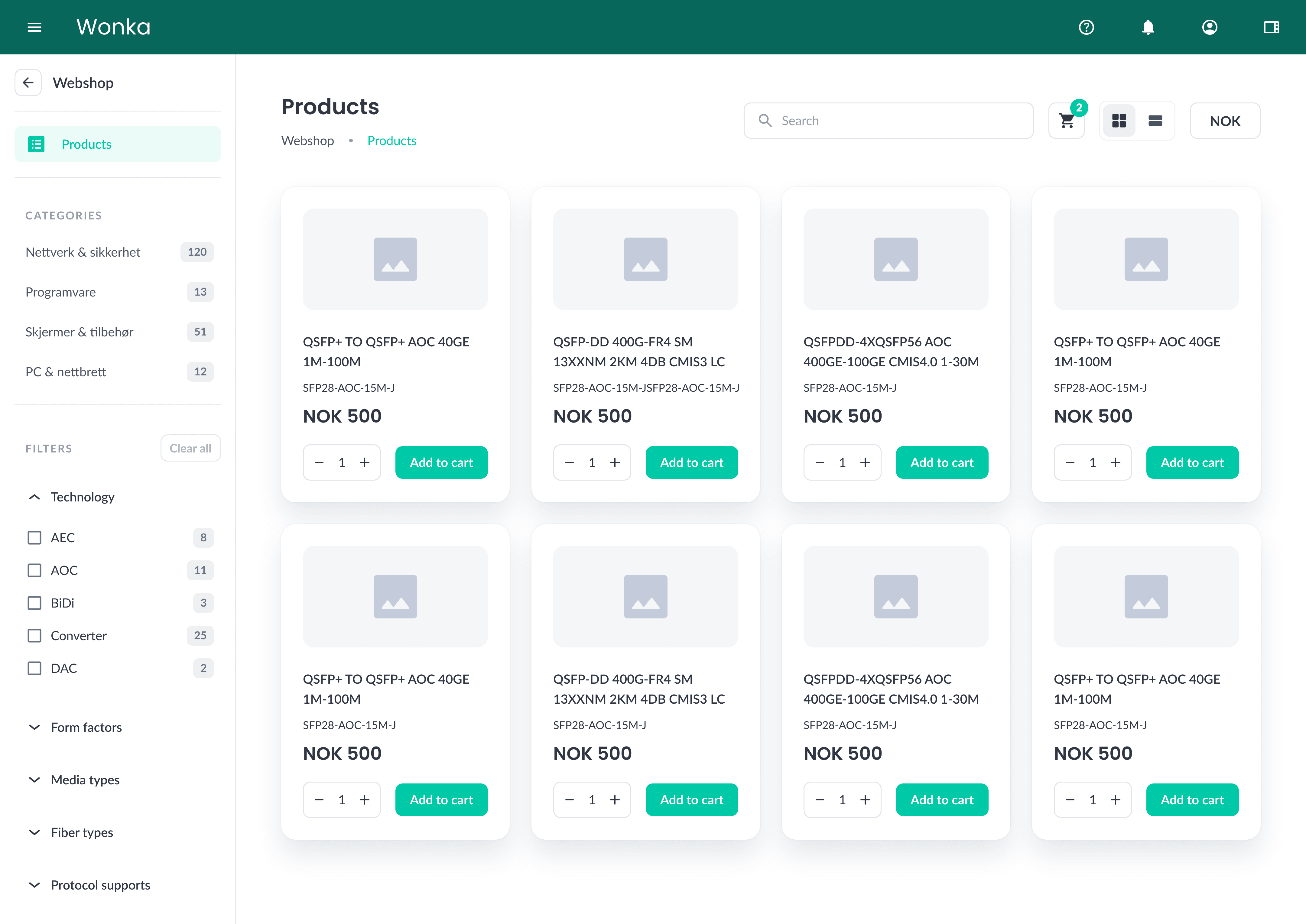 WebShop product list with placeholder images